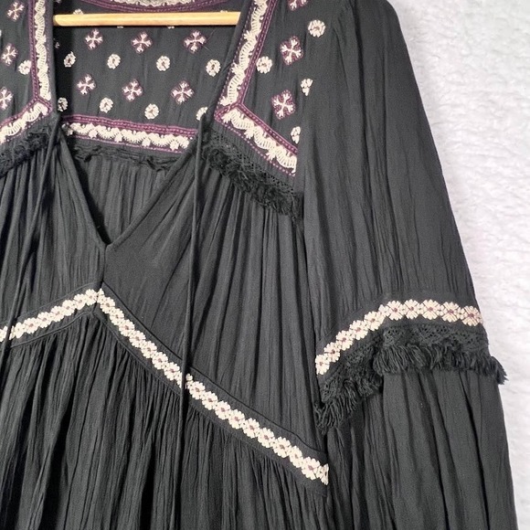 Boho Peasant Dress Embroidered Tassel Tiered Festival Balloon Sleeve L - Picture 2 of 11